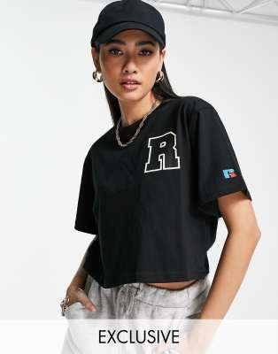 Russell Athletic Cropped Short Sleeve T-shirt In Black Vintage Wash