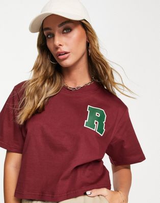 Russell Athletic cropped short sleeve t-shirt in burgundy vintage wash