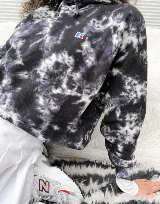 Russell Athletic cropped tie dye hoodie in black ASOS