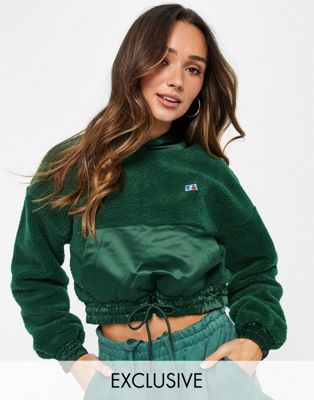 Russell Athletic faux lambswool fleece hoodie in dark green