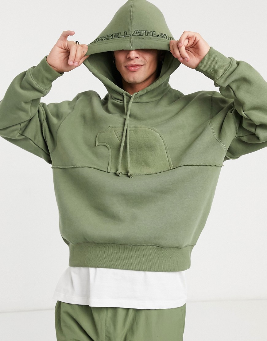 Russell Athletic fleece hoodie i khaki med logga-Grön
