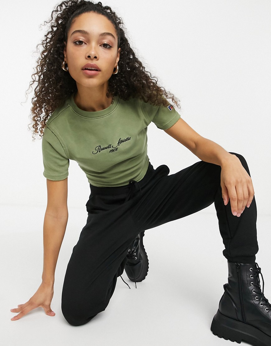 Russell Athletic ribbed crop top in khaki-Green