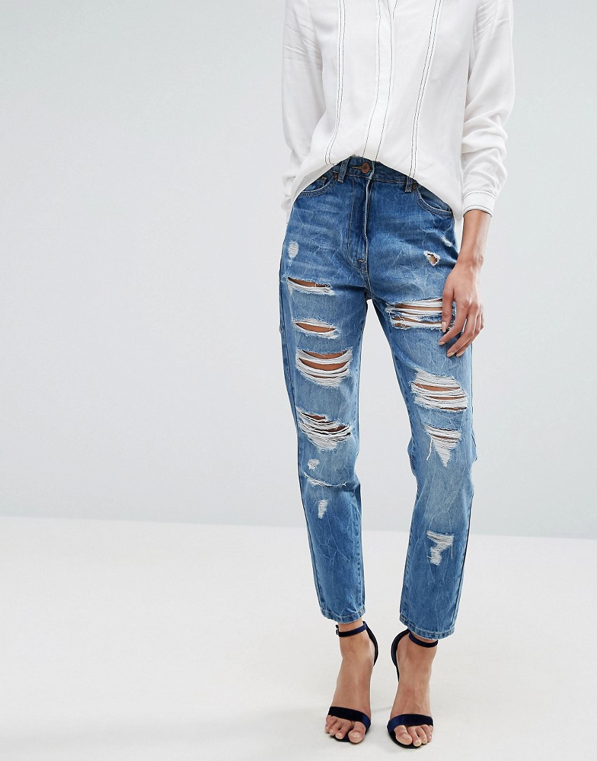 фото Рваные джинсы бойфренда с завышенной талией parisian-синий