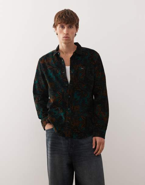 RVCA Freeman cord print ii long sleeve shirt in hunter green paisley - view 1