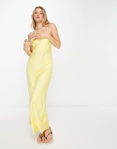 Yellow Cream Yellow Silk Stretch Satin Maxi Dress