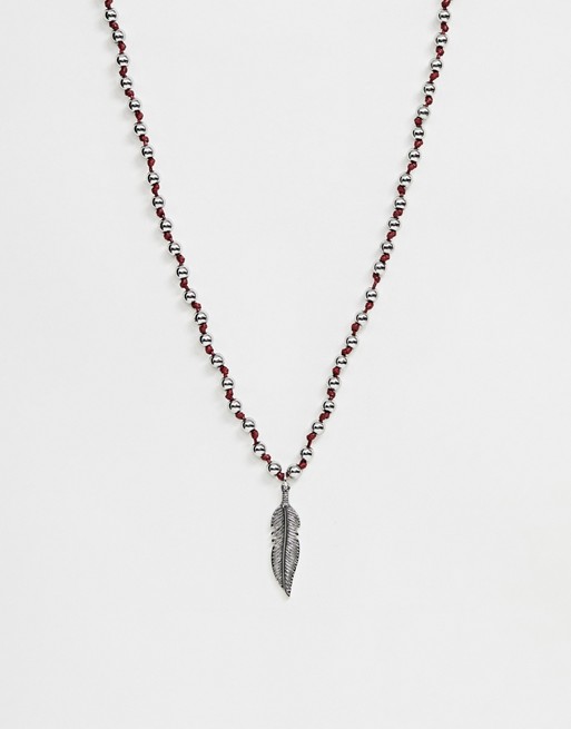 Sacred Hawk beaded necklace in silver with feather