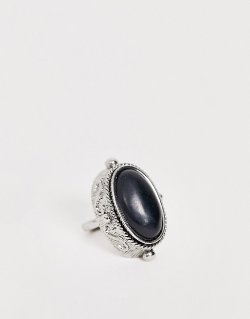Sacred Hawk burnished silver & black stone statement ring