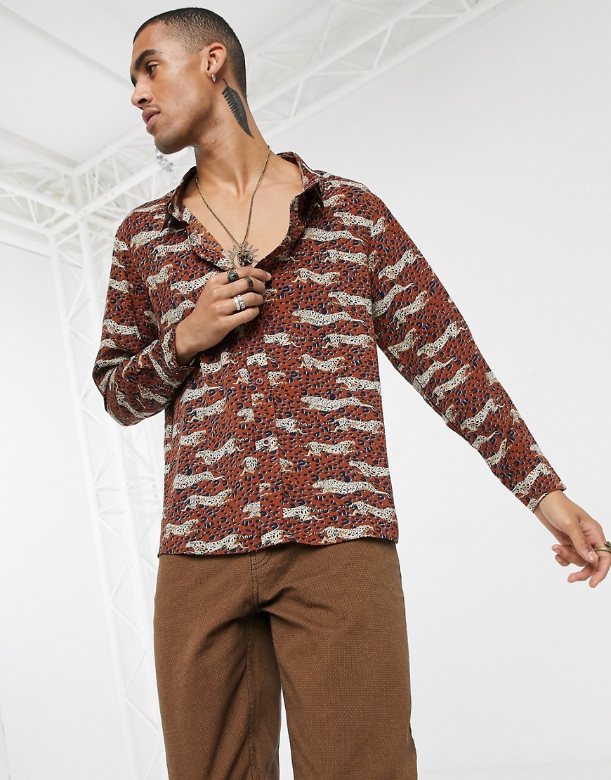 Sacred Hawk - Camicia con stampa di leopardi arancione-Marrone