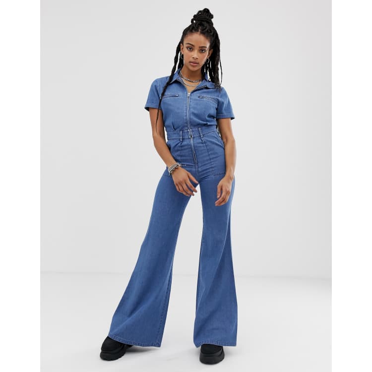 Flared denim store jumpsuit uk