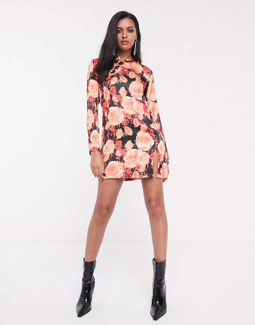 Sacred Hawk mini dress with side split and mandarin collar in bold floral