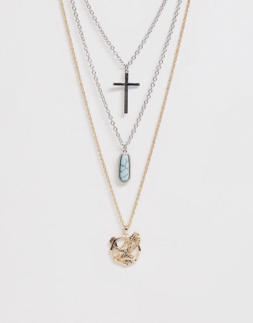 Sacred Hawk multi chain necklace in silver