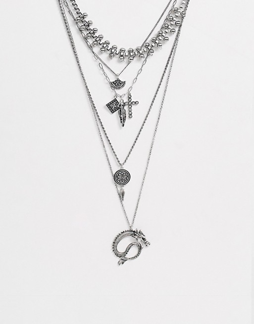 Sacred Hawk multirow necklace in silver with rhinestone pendant