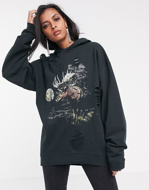 Sacred Hawk oversized hoodie with wild moon graphic