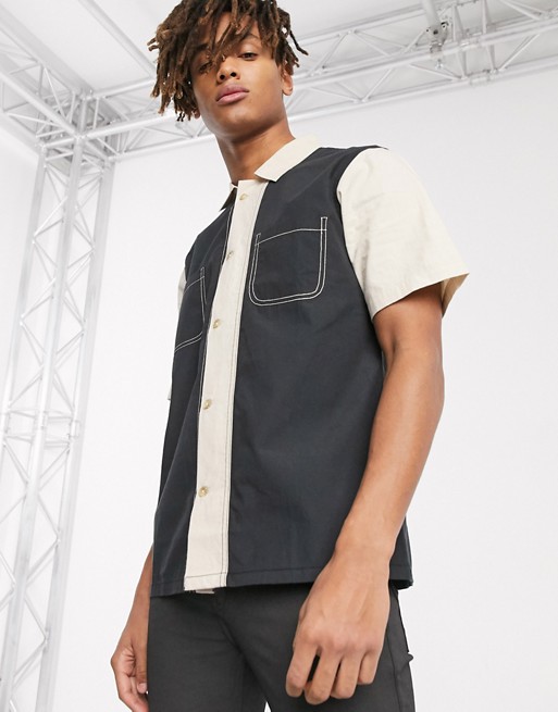 Sacred Hawk panelled short sleeve classic shirt in grey