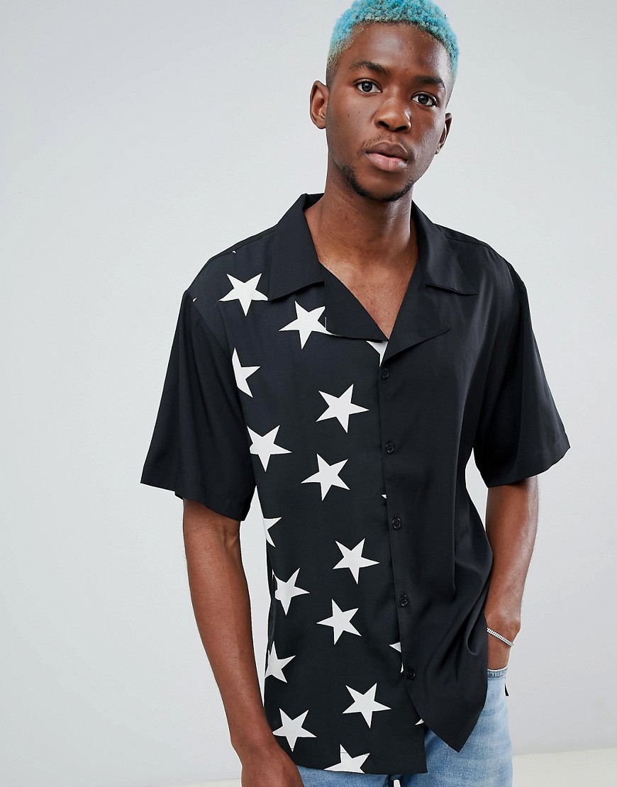 Sacred Hawk - Regular-fit overhemd met reverskraag met sterrenprint in zwart