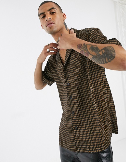 Sacred Hawk revere collar shirt in dogtooth