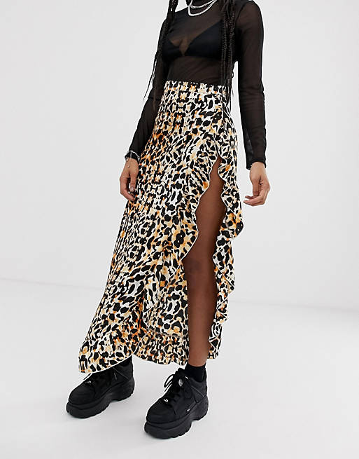 hawk - Satijnen lange rok met hoge split en luipaardprint