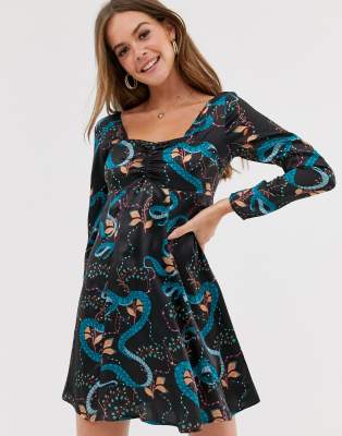 satin square neck skater dress