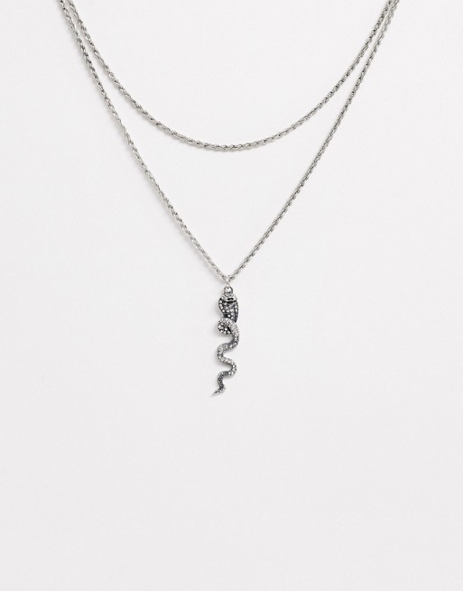 Sacred Hawk silver multi layer snake pendant necklace