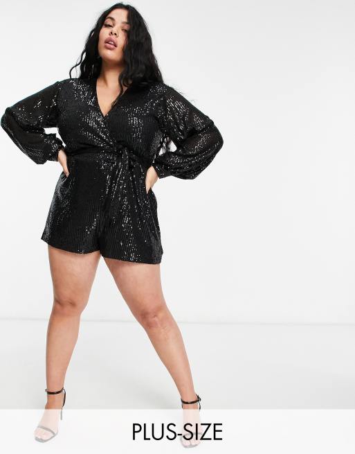 Sain Genies Plus - Playsuit met ballonmouwen en lovertjes in zwart
