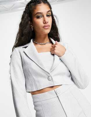 Saint Genies - Blazer corto glitterato color argento in coordinato