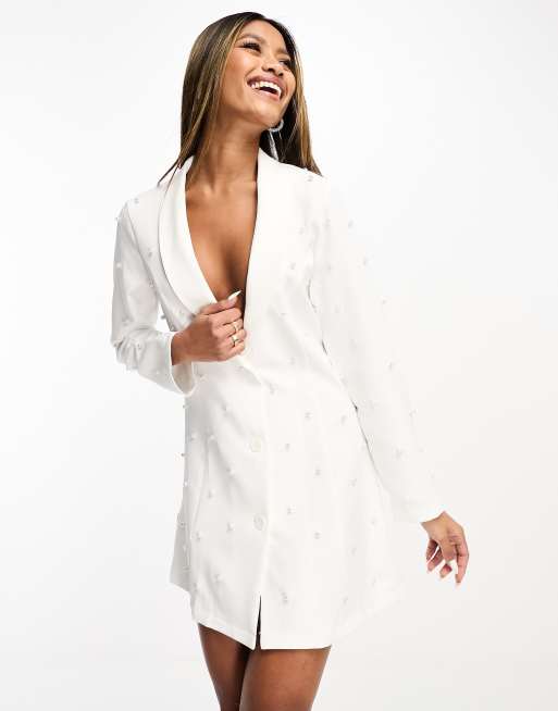 Saint Genies blazer dress with pearl embelishment in white