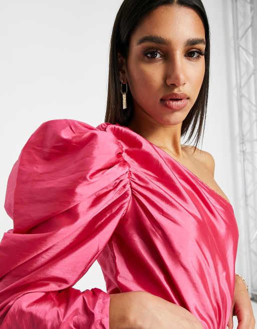 Saint Genies - Body monospalla satinato con manica a sbuffo, colore fucsia, 3 di 4