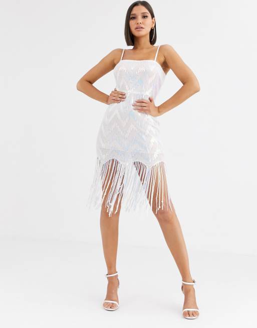 Saint Genies chevron iridescent sequin mini dress with sequin tassle fringe hem in white multi