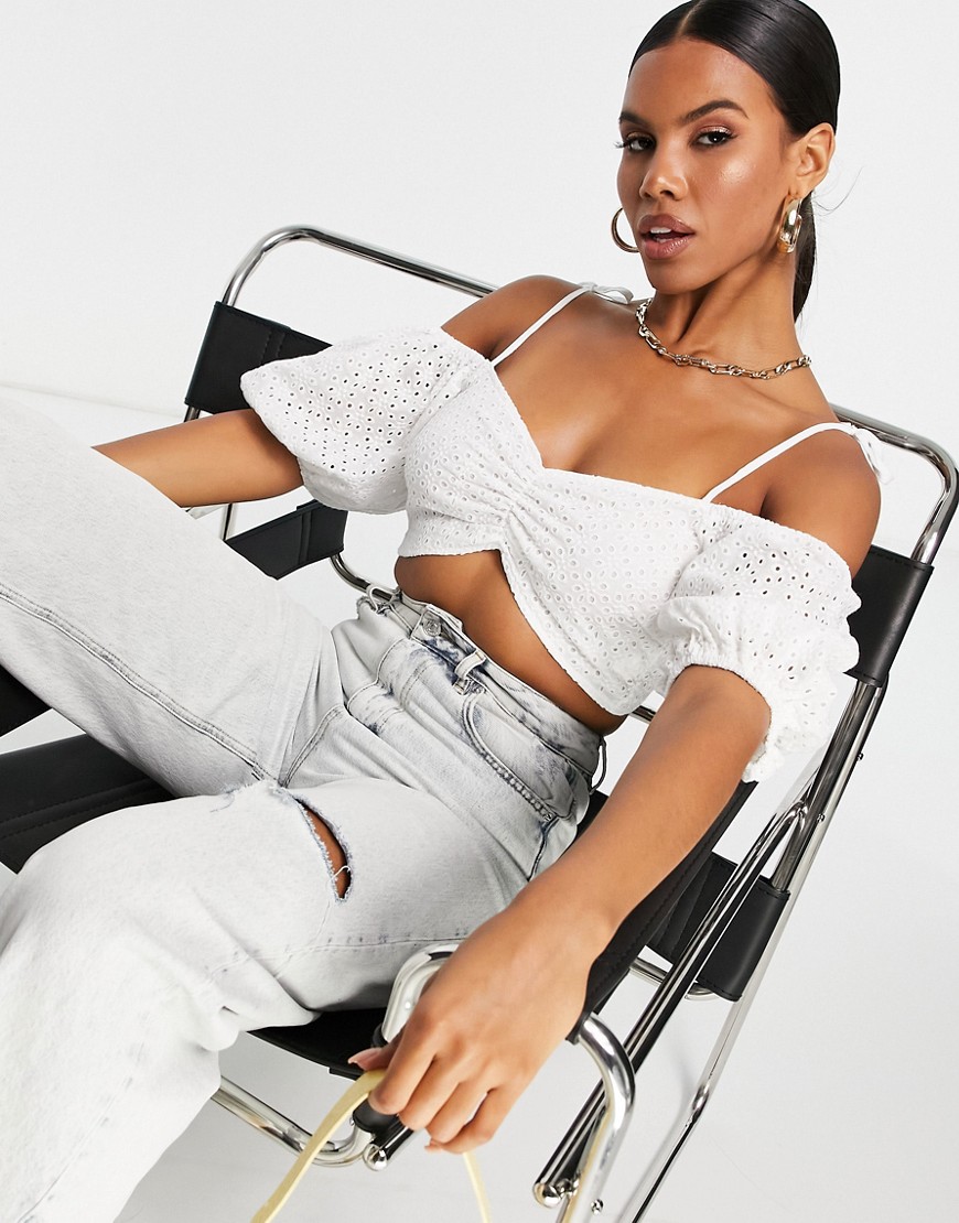 Saint Genies cold shoulder broderie strappy crop top in white