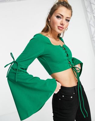 corset flared sleeve top in green