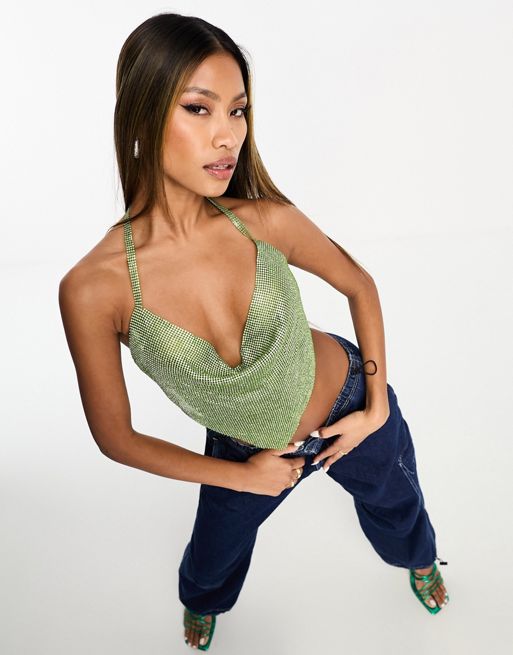 Green Chainmail Cowl Neck Crop Top