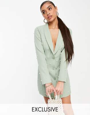 Saint Genies exclusive pearl embellished blazer dress in sage-Green