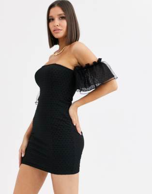 black mesh bardot dress