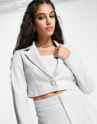 Saint Genies Glitter Crop Blazer In Silver - Part Of A Set