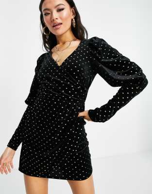 Saint Genies Heart Print Velvet Long Sleeve Wrap Mini Dress In Black ...