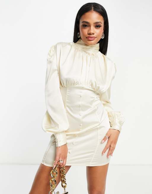 Saint Genies – Hochgeschlossenes Bodycon-Kleid aus Satin in Weiß