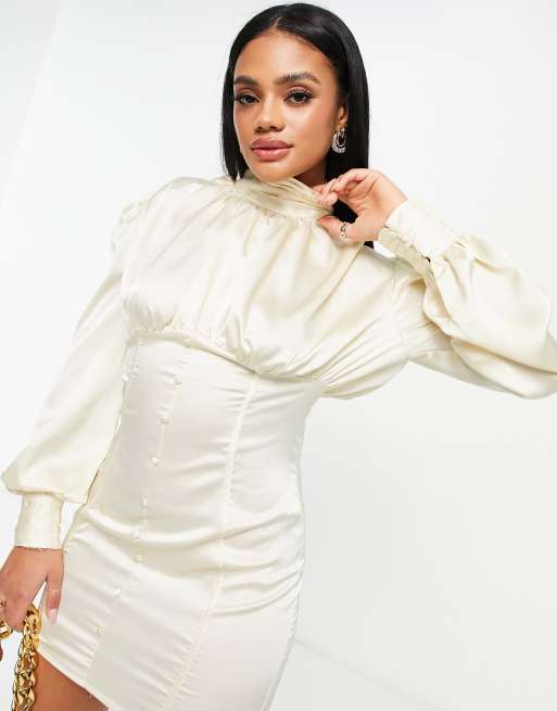 Saint Genies Hoogsluitende satijnen bodycon jurk met knopen in