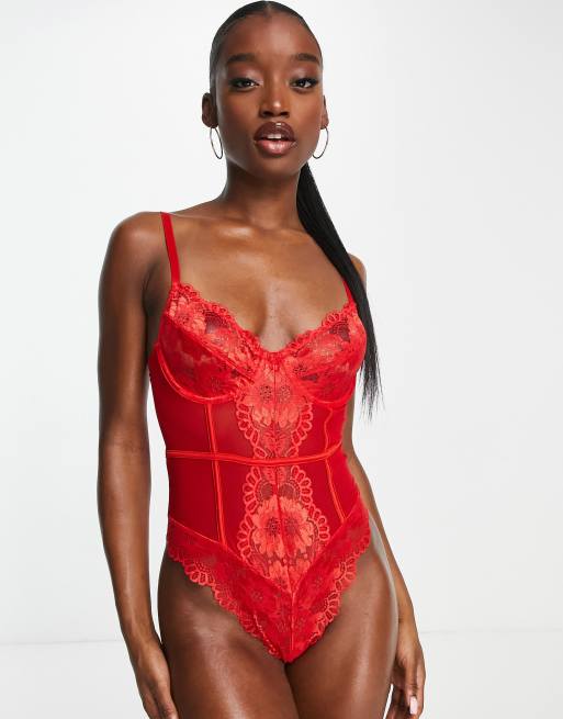 Saint Genies Strapless Stretch Satin Corset Bodysuit In Wine-Red for Women