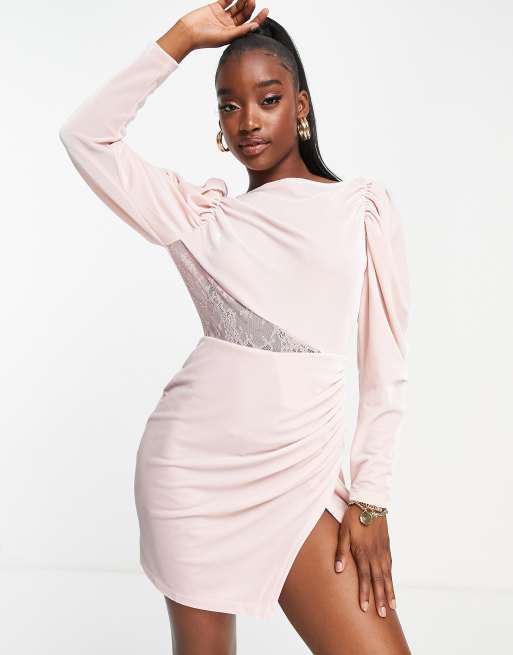 Saint Genies – Langärmliges Kleid in Rosa mit Wasserfallausschnitt hinten