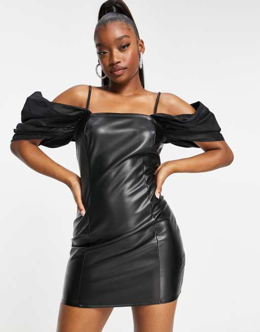 Black leather off outlet the shoulder dress