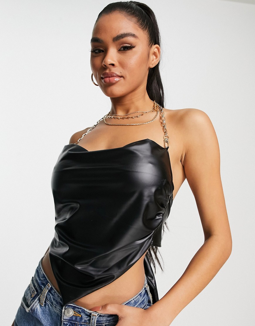 Saint Genies leather look scarf top with chain detail in black