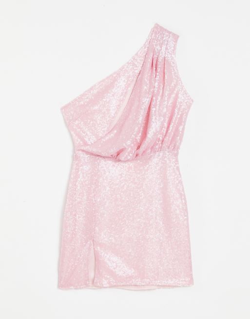 Saint Genies one shoulder drape dress in pink sequin