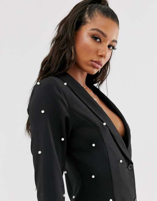 Selena Black Pearl Embellished Tuxedo Collar Blazer Dress