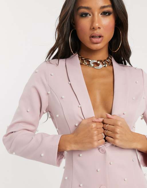 Saint Genies pearl embellished blazer dress in blush