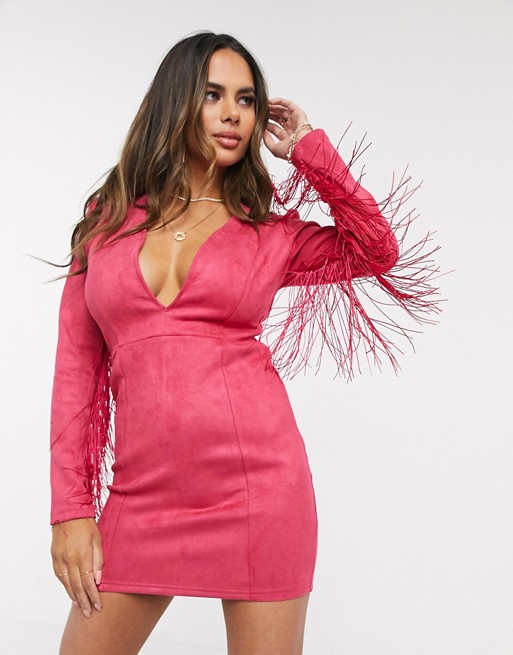 Saint Genies plunge front mini dress with fringe sleeve in hot pink
