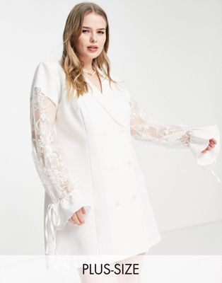 Saint Genies Plus blazer dress with blouson lace sleeves in white