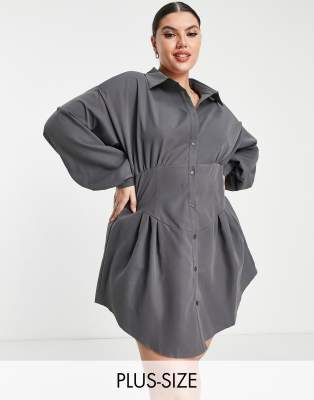 Saint Genies Plus corset long sleeve shirt dress in slate grey - ASOS Price Checker