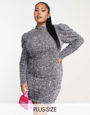 Saint Genies Plus embellished sequin long sleeve mini dress in silver