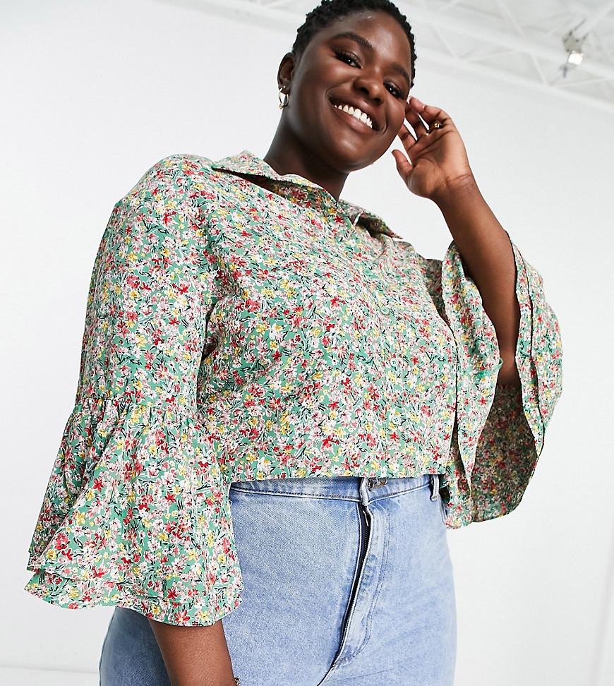 Plus-size shirt by Saint Genies Exclusive to ASOS Floral print Spread collar Button placket Fluted sleeves Regular fit