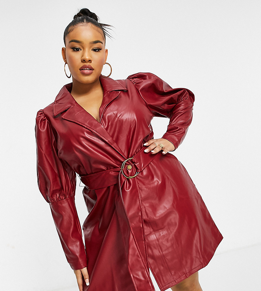 Saint Genies Plus Leather-look Puff Sleeve Mini Blazer Dress With Belt In Oxblood-red